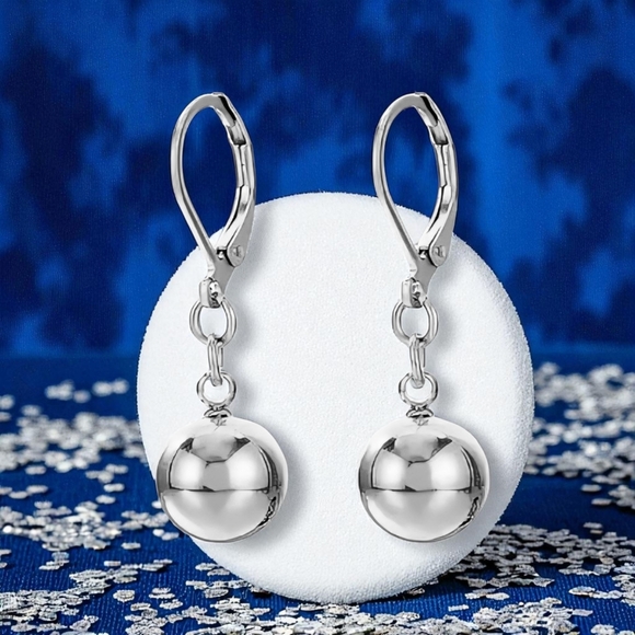 🆕 Modern White Gold Ball Trendy Drop Earrings | 18K Plated Stainless Steel Chic - Picture 1 of 13
